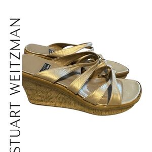 Stuart Weitzman Metallic Gold Wedge Sandals